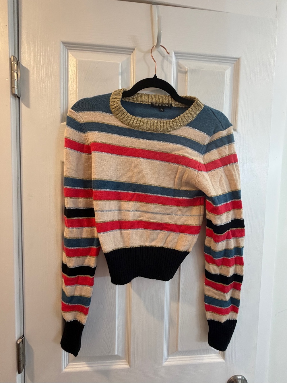 Honey Punch Striped Cropped Crewneck Sweater in Cream, Blue & Red